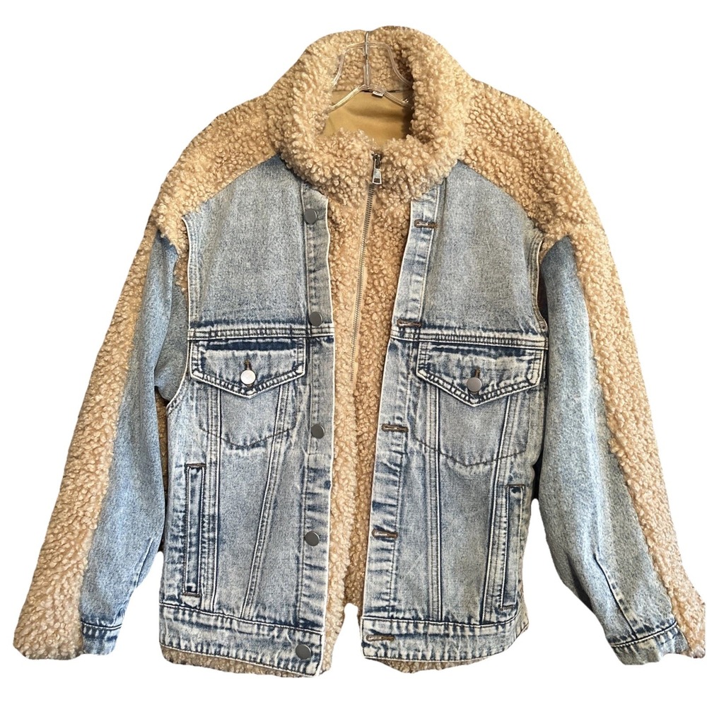 Polagram Denim & Sherpa Womens Zippered Long Sleeve Jean Jacket Blue Size Med